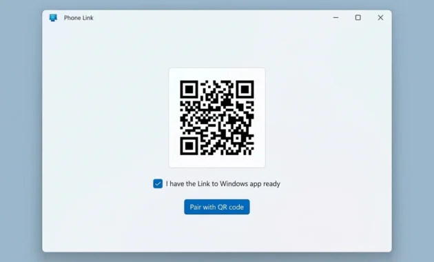 Phone Link app on Windows showing the QR code pairing screen used to connect an Android phone to a laptop
