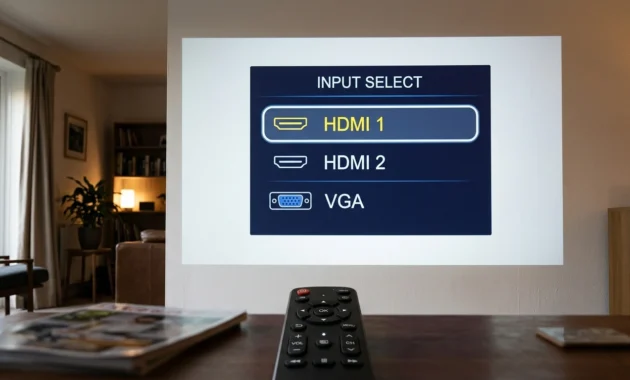 Projector on-screen menu showing the input source list with HDMI 1 selected to fix a no signal message