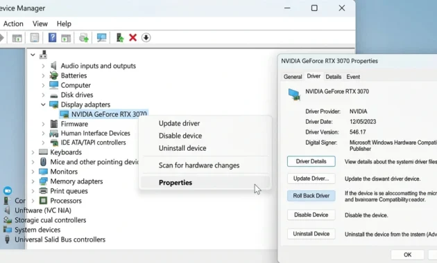 Device Manager screen showing Display adapters expanded with the Roll Back Driver option open