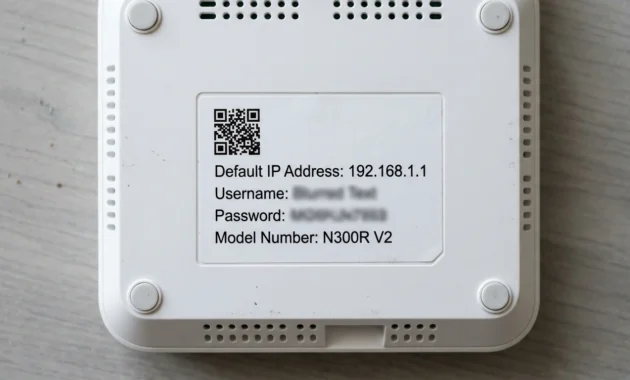 Bottom panel of a white router with a sticker label listing the default IP address, username and password