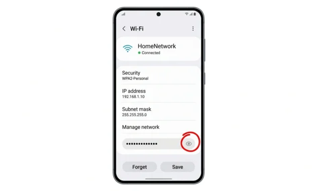 Samsung One UI Wi-Fi network details screen with the eye icon highlighted next to the hidden password field