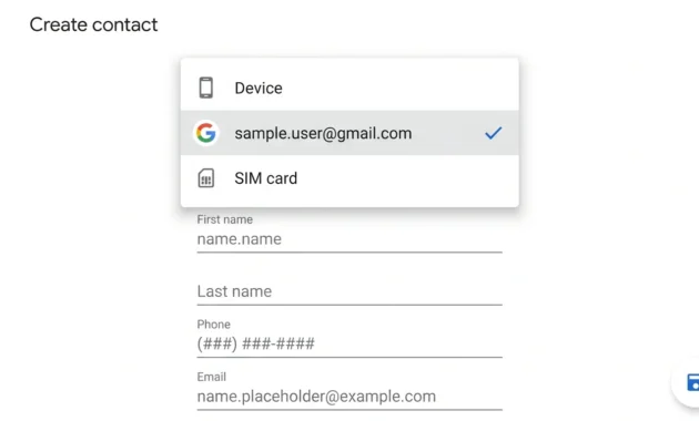 Android Create contact screen with the storage dropdown open and a Google account selected instead of Phone