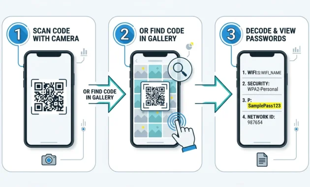 Three-step visual showing a QR code screenshot, opening it in Google Lens, and reading the WiFi password as text