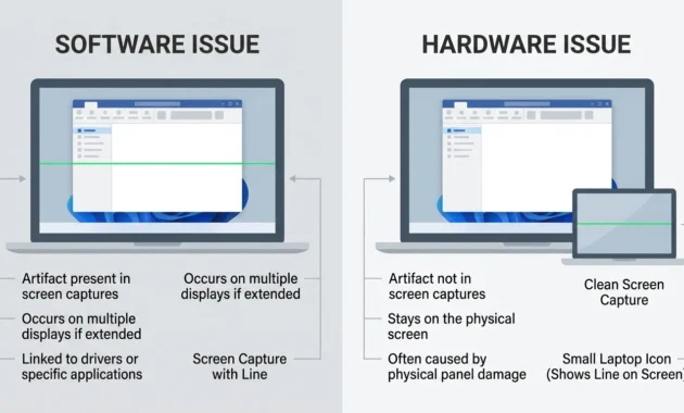 Comparison showing how the screenshot test reveals a software versus hardware caused green line