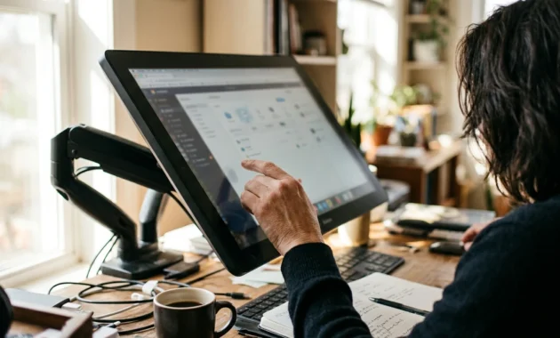 Person touching the screen of a Dell touch screen monitor tilted on an articulating stand at a desk