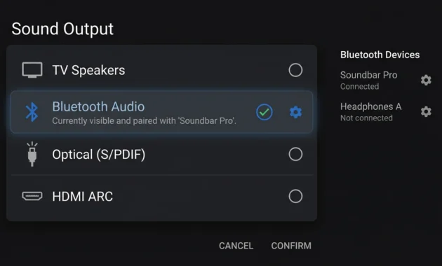TV Sound Output settings menu with the Bluetooth audio option selected after the phone has been paired