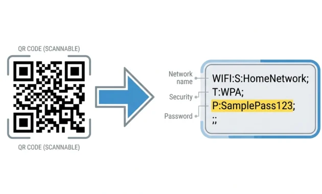 Diagram showing a WiFi QR code and the plain text network name, security type, and password stored inside it