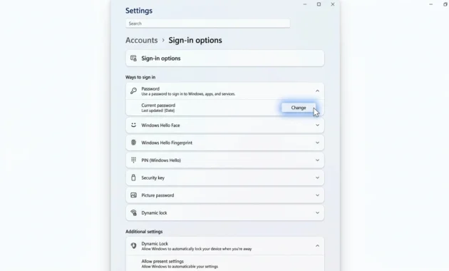 Windows 11 Settings Sign-in options with Password expanded and the Change button highlighted for a laptop password