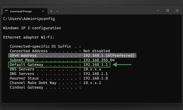 Windows ipconfig output in Command Prompt with the Default Gateway line highlighted to get my router IP address