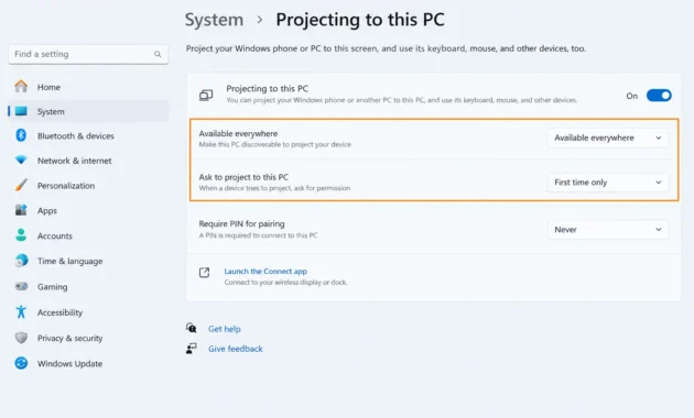 Windows Settings Projecting to this PC page with dropdowns set to Available everywhere and First time only