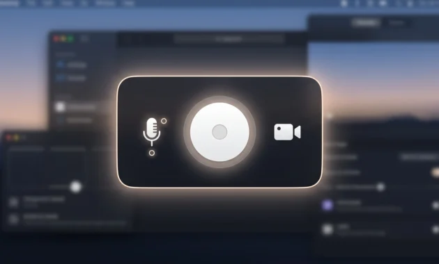 Xbox Game Bar Capture widget with the white record button and microphone toggle visible on a Windows laptop