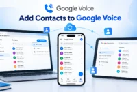 Google Voice contacts screen on smartphone showing how to add contacts on Android iPhone and computer