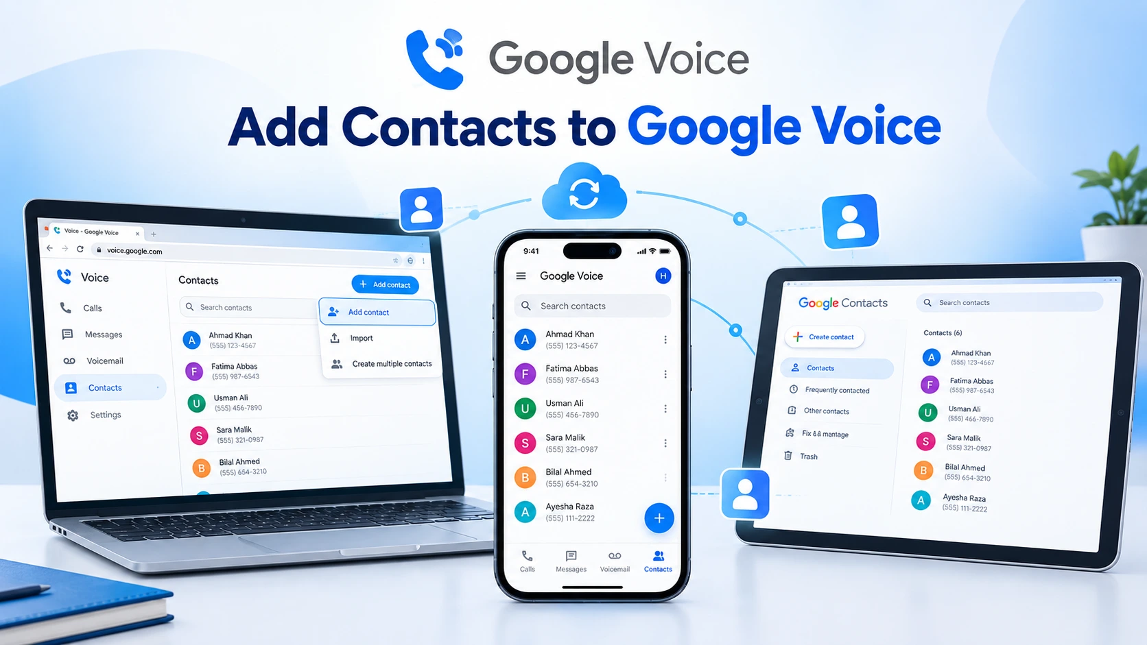 Google Voice contacts screen on smartphone showing how to add contacts on Android iPhone and computer