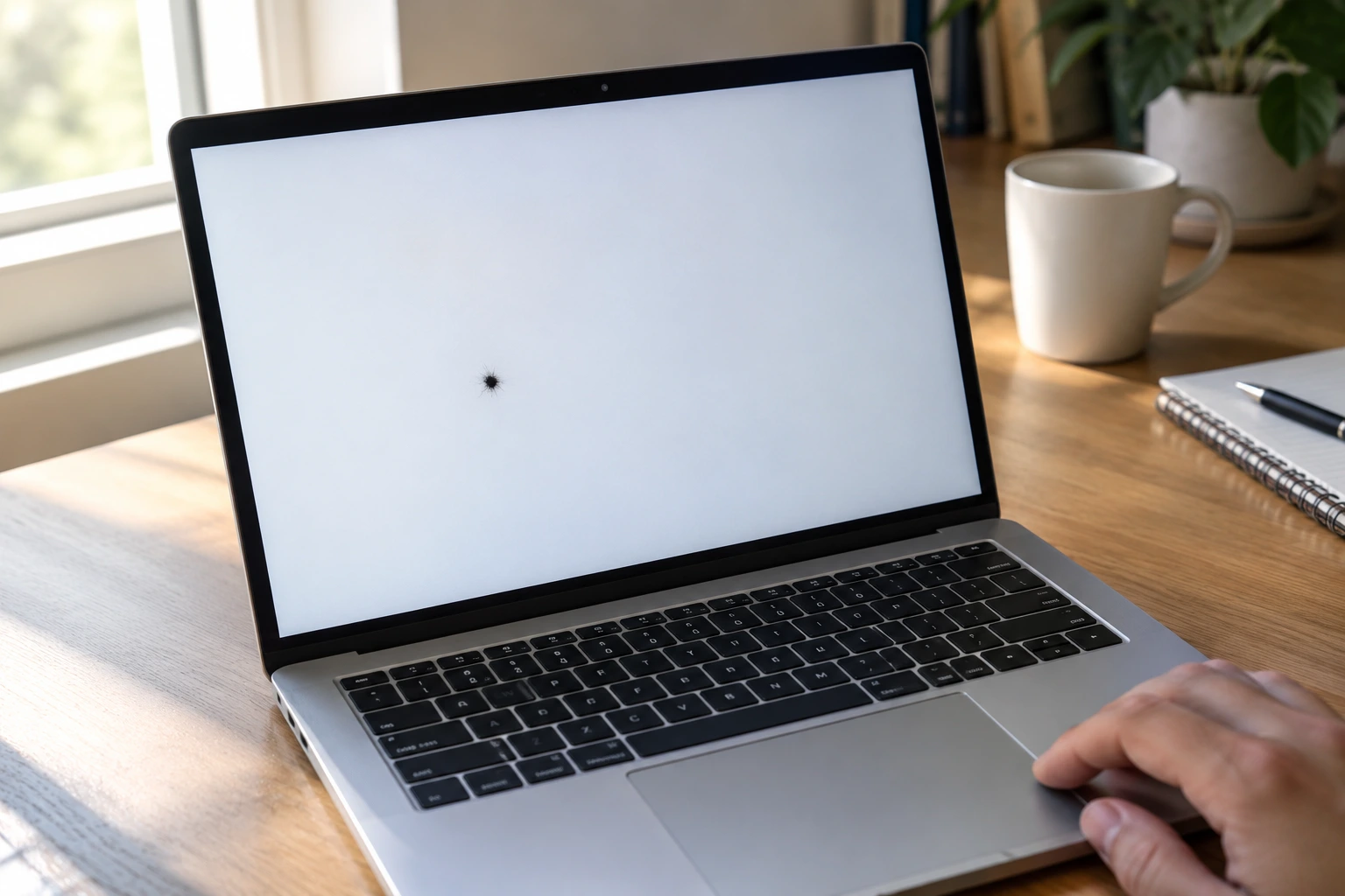 Black spot visible on a laptop screen placed on a wooden desk in natural light