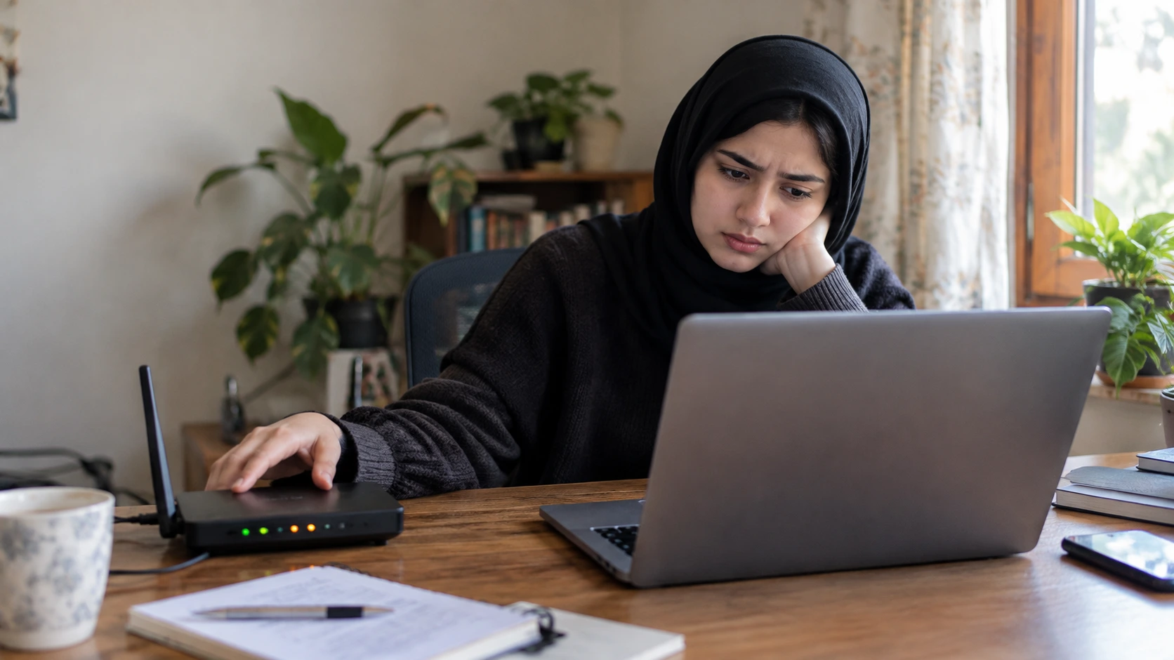 Person checking a wireless router while troubleshooting a Wi-Fi connected but no internet access issue at home