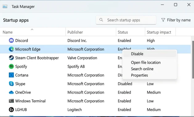 Task Manager Startup tab screenshot showing how to disable high-impact startup programs like Discord and Steam with right-click menu option

