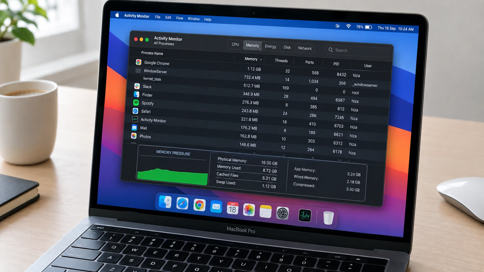 MacBook Pro displaying Activity Monitor Memory tab with green Memory Pressure graph showing healthy RAM usage on macOS