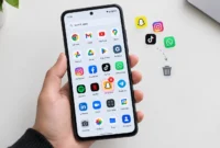 how-to-delete-apps-on-android Hand holding an Android smartphone showing app icons on screen with a delete option visible, demonstrating how to delete apps on Android