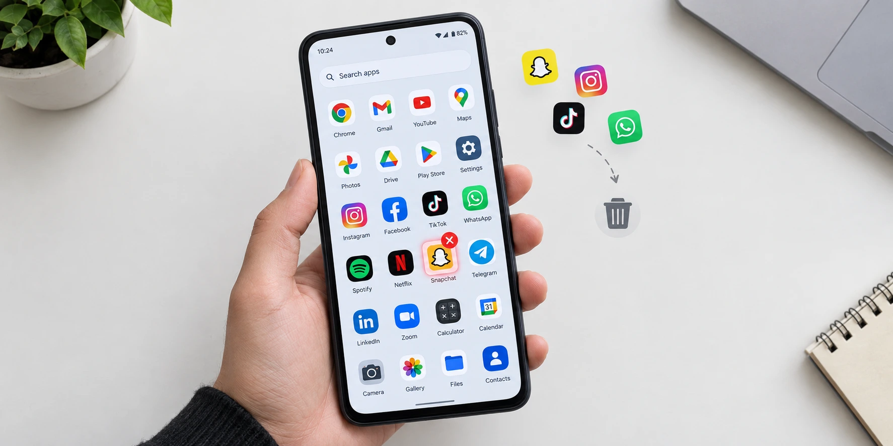 Hand holding an Android smartphone showing app icons on screen with a delete option visible, demonstrating how to delete apps on Android