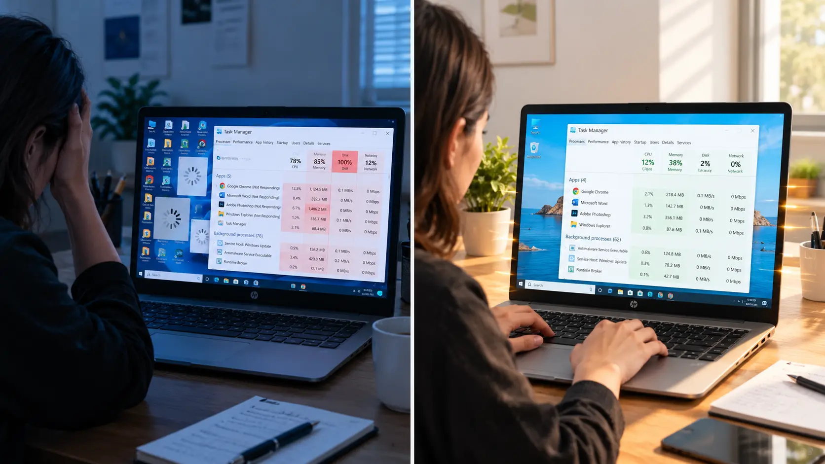 Split screen comparison showing slow PC with 100% disk usage in Task Manager before optimization versus fast PC with normal performance after applying software fixes and cleanup