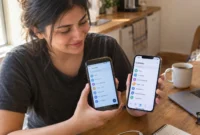 Tutorial image: Transferring contacts between old and new phones using cloud sync - contact lists visible on both screens
