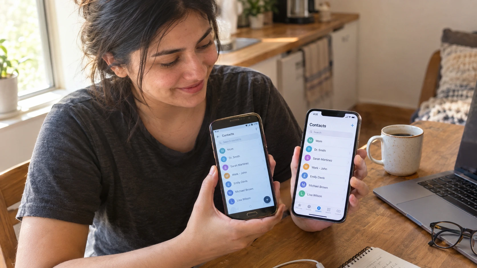 Tutorial image: Transferring contacts between old and new phones using cloud sync - contact lists visible on both screens