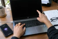 hp-laptop-black-screen-troubleshooting-fix-guide "Person troubleshooting HP laptop black screen issue by pressing keyboard shortcut keys with HDMI cable connected for external monitor test"