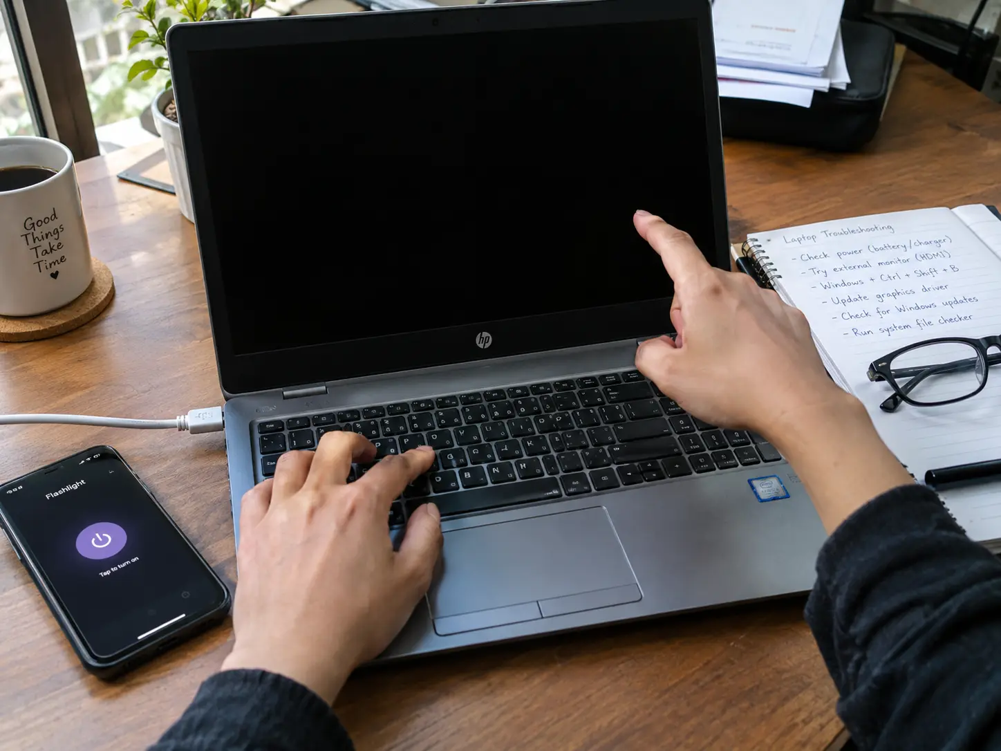 "Person troubleshooting HP laptop black screen issue by pressing keyboard shortcut keys with HDMI cable connected for external monitor test"