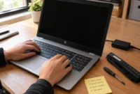 laptop-wont-turn-on-troubleshooting-fix-at-home Person troubleshooting a laptop that won't turn on by testing the charger and battery on a wooden desk