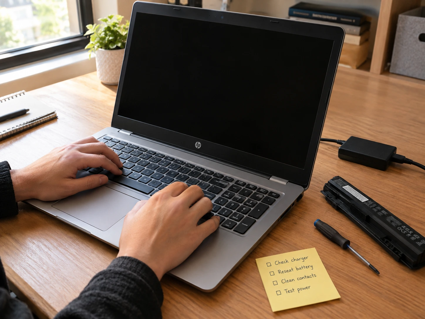 Person troubleshooting a laptop that won't turn on by testing the charger and battery on a wooden desk