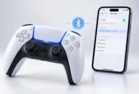 ps5-controller-paired-to-phone-bluetooth-connection PS5 DualSense controller with blue light bar in pairing mode next to smartphone showing Bluetooth connection screen for wireless pairing