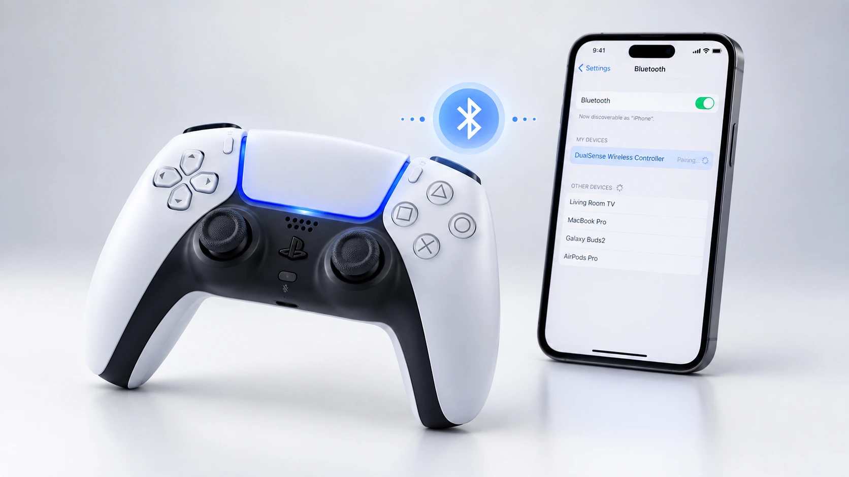 PS5 DualSense controller with blue light bar in pairing mode next to smartphone showing Bluetooth connection screen for wireless pairing