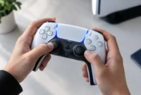 ps5-controller-pairing-mode-blue-light-buttons PS5 DualSense controller in pairing mode with blue light bar glowing, showing Create button and PS button for Bluetooth pairing
