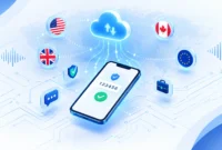 Virtual phone number verification illustration showing smartphone with OTP code connected to cloud VoIP system and international country flags for global business communication