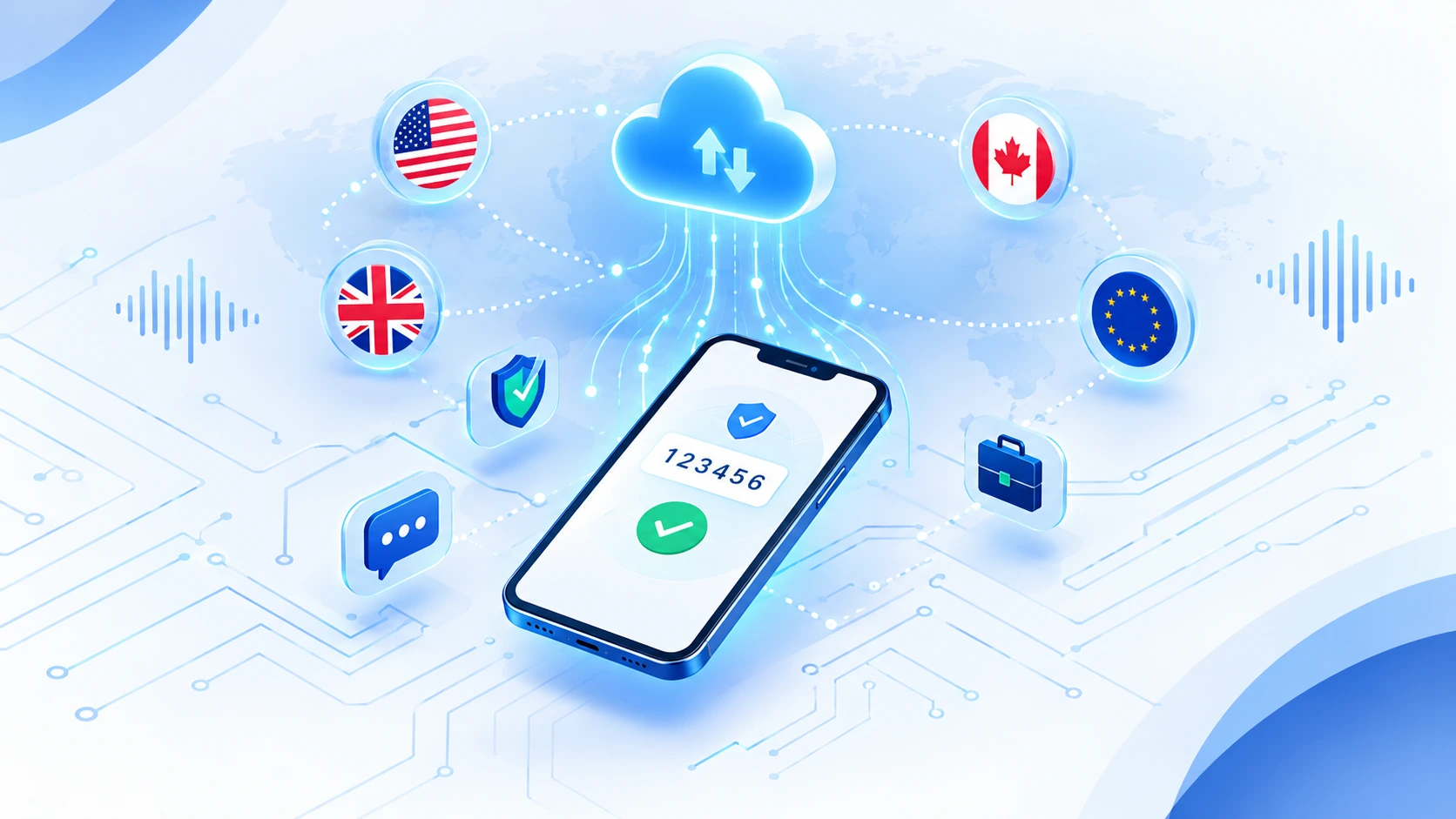 Virtual phone number verification illustration showing smartphone with OTP code connected to cloud VoIP system and international country flags for global business communication