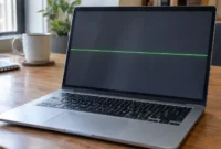 Laptop screen showing a green horizontal line display defect
