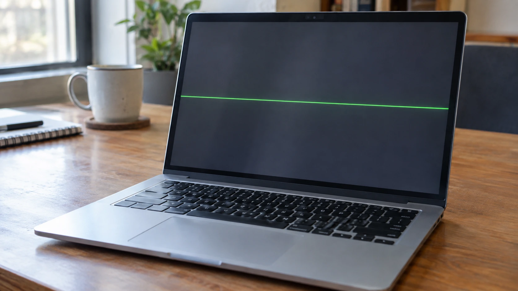 Laptop screen showing a green horizontal line display defect