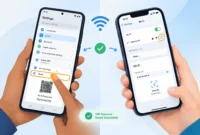 Illustration showing Android phone on left with WiFi Settings and Share button displaying a QR code, and iPhone on right with WiFi Settings and info icon for password viewing, with hands holding both devices.