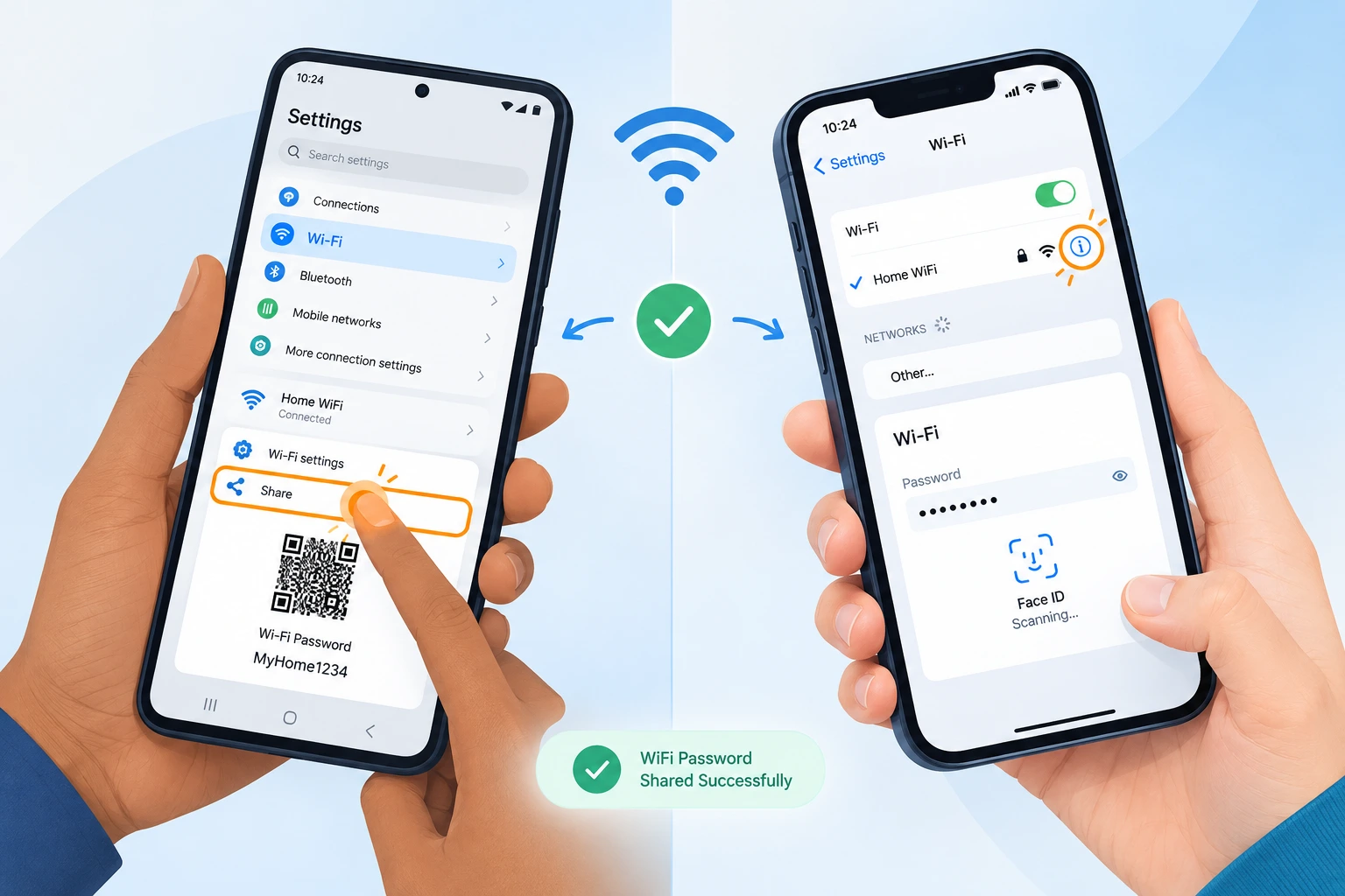 Illustration showing Android phone on left with WiFi Settings and Share button displaying a QR code, and iPhone on right with WiFi Settings and info icon for password viewing, with hands holding both devices.