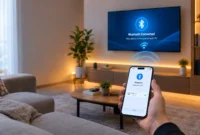 Smartphone connecting to a smart TV via Bluetooth pairing mode, showing wireless connection signal between the two devices