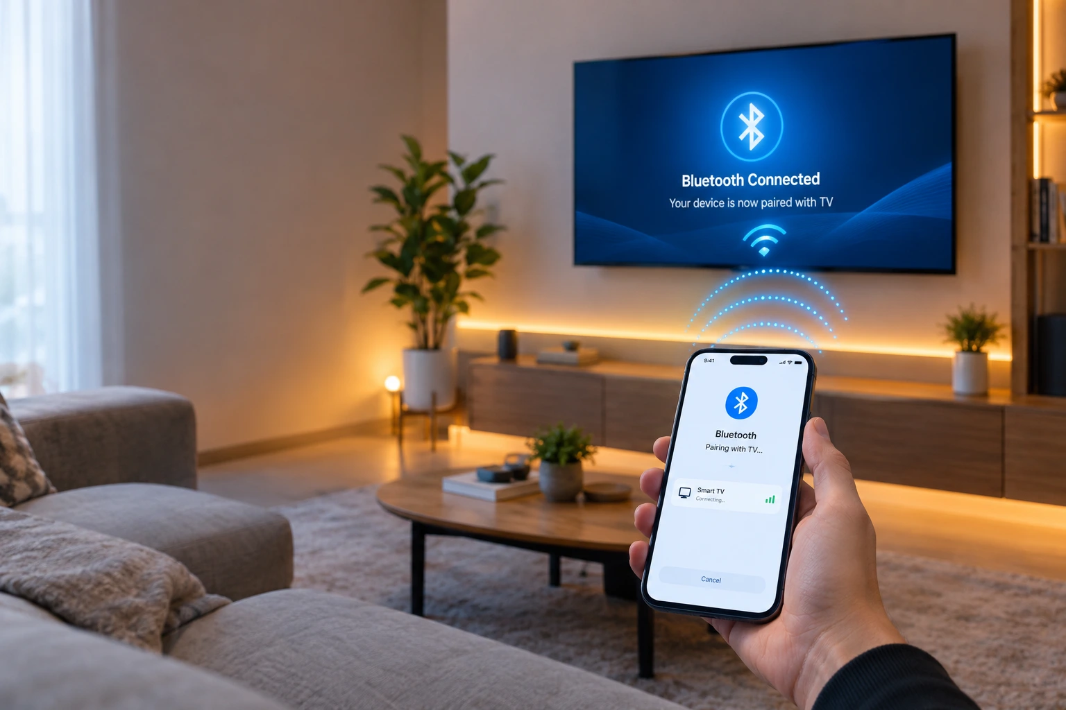 Smartphone connecting to a smart TV via Bluetooth pairing mode, showing wireless connection signal between the two devices