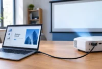 Laptop connected to a projector using an HDMI cable on a desk, showing how to connect projector to laptop for a presentation