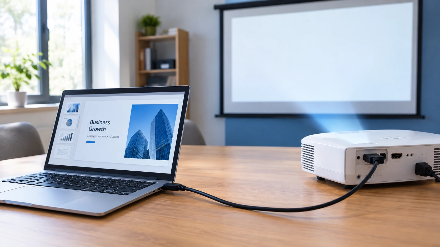 Laptop connected to a projector using an HDMI cable on a desk, showing how to connect projector to laptop for a presentation