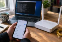 Person checking router IP address on smartphone next to wireless router with laptop showing command prompt in background
