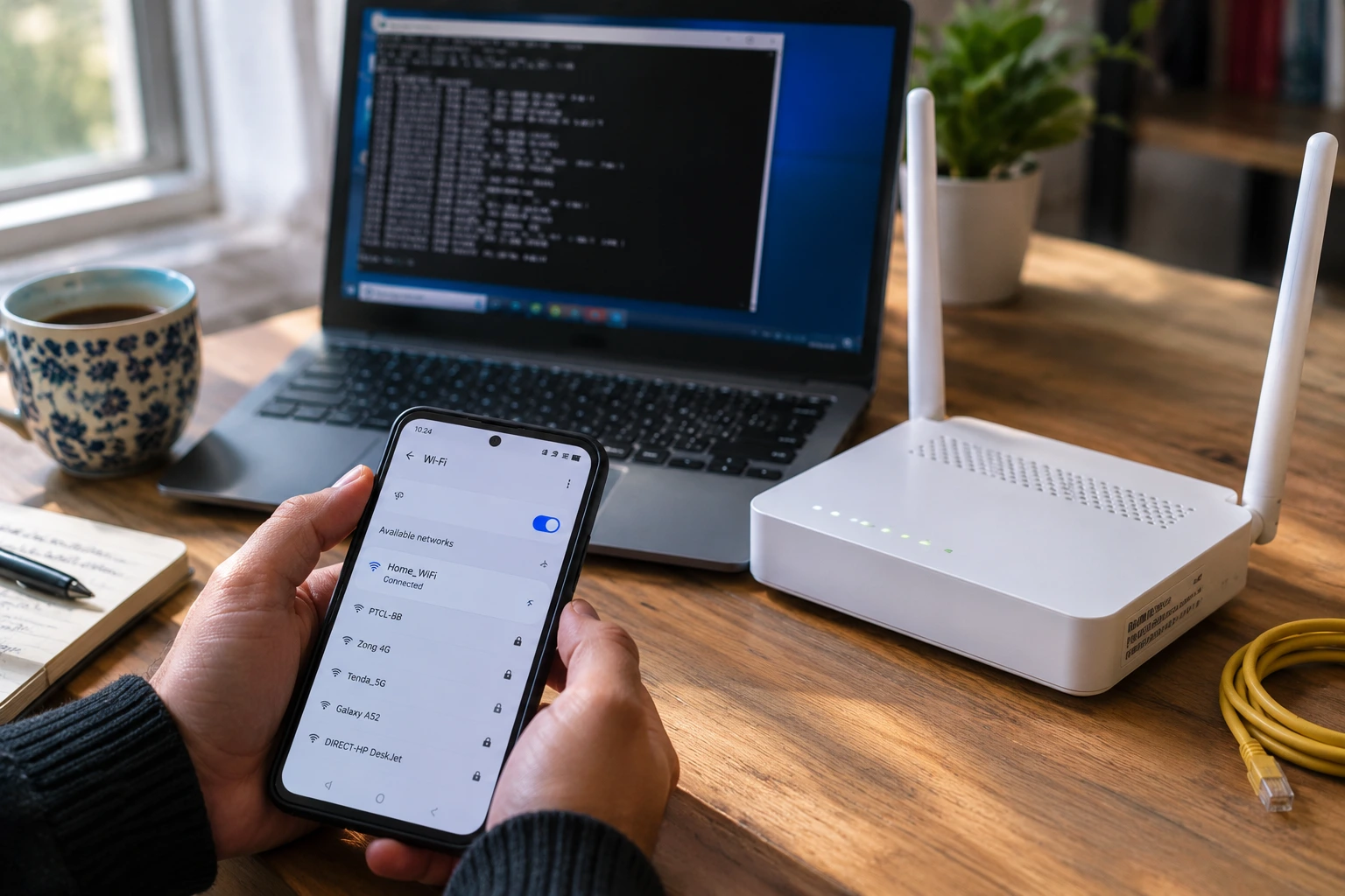 Person checking router IP address on smartphone next to wireless router with laptop showing command prompt in background
