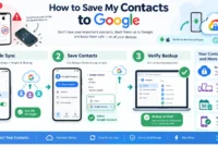 Step-by-step infographic showing how to save contacts to Google: Enable automatic sync in Settings, save new contacts to Google Account, and verify backup on contacts.google.com - works on both Android and iPhone with cloud storage protection