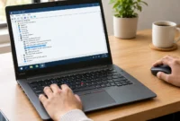 Close-up of hands using a wireless mouse at a Lenovo laptop desk showing Device Manager window open with HID-compliant touch screen device visible in Human Interface Devices list