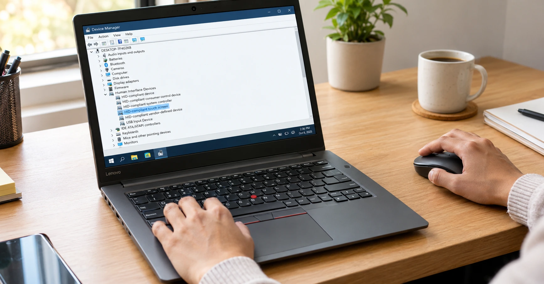 Close-up of hands using a wireless mouse at a Lenovo laptop desk showing Device Manager window open with HID-compliant touch screen device visible in Human Interface Devices list