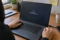 Real hands adjusting Lenovo laptop Fn key to fix touchpad not working, close-up of ThinkPad keyboard and function keys on wooden desk with natural lighting