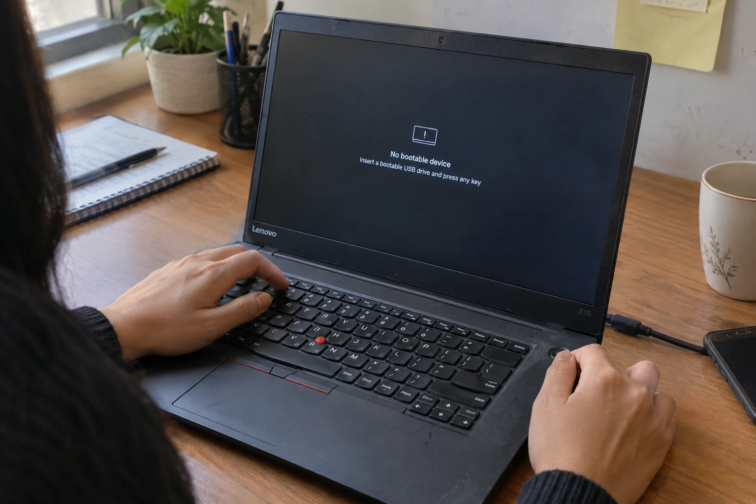 Real hands adjusting Lenovo laptop Fn key to fix touchpad not working, close-up of ThinkPad keyboard and function keys on wooden desk with natural lighting